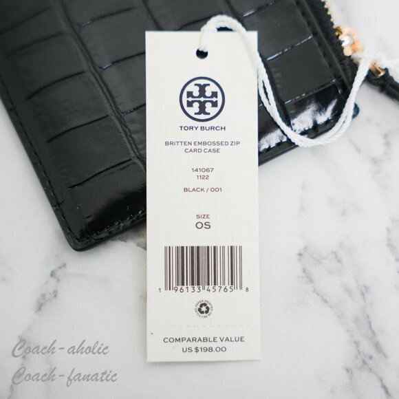 NWT Tory Burch Britten Embossed Leather Zip Card Case Wallet in Black/Gold - Picture 7 of 8